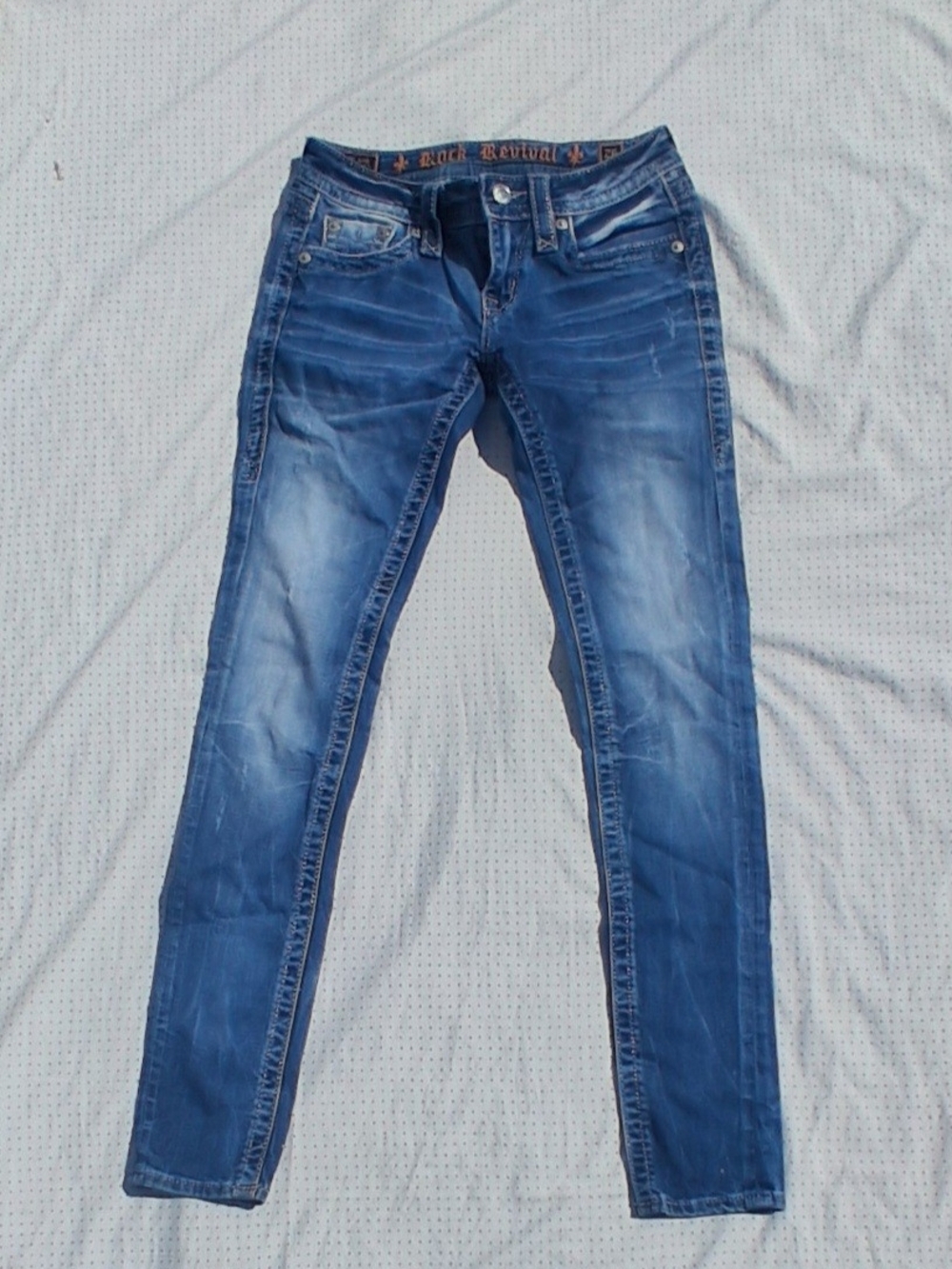 Rock Revival Women’s Distressed Skinny Jeans in Blue Size 26 Y2k Embroidered